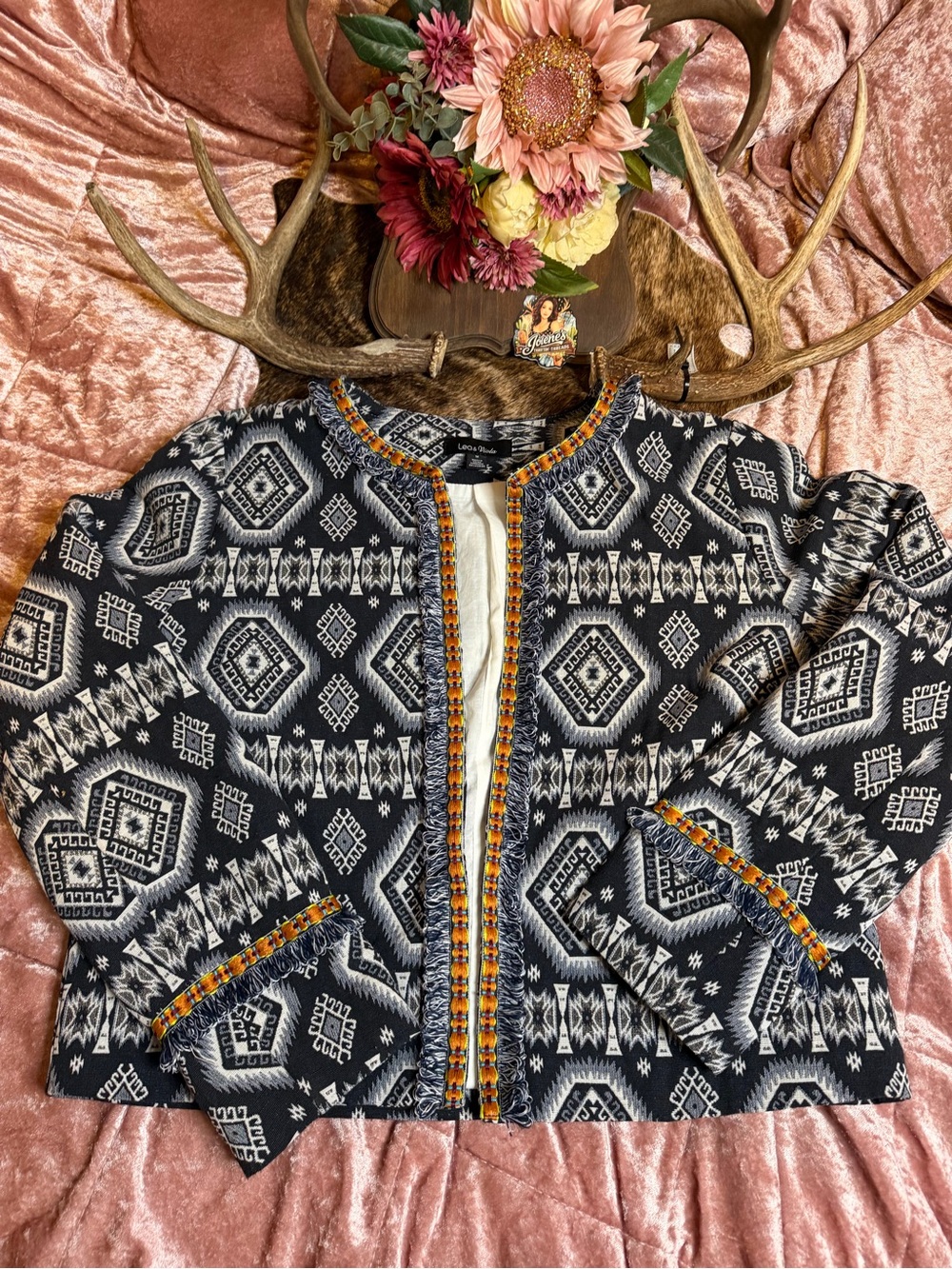 Lea & Viola Black & White Aztec Open-Front Blazer with Orange Trim